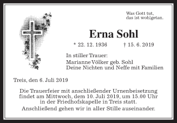 Traueranzeige von Erna Sohl von Giessener Allgemeine, Alsfelder Allgemeine