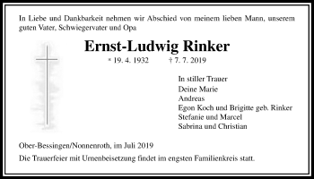 Traueranzeige von Ernst-Ludwig Rinker von Licher Wochenblatt