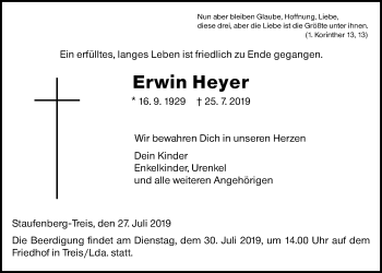 Traueranzeige von Erwin Heyer von Giessener Allgemeine, Alsfelder Allgemeine