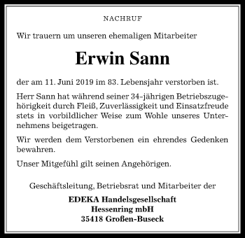 Traueranzeige von Erwin Sann von Giessener Allgemeine, Alsfelder Allgemeine