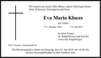 Traueranzeige von Eva Maria Kloeze von Wetterauer Zeitung
