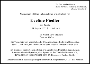 Traueranzeige von Eveline Fiedler von Wetterauer Zeitung