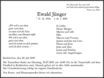 Traueranzeige von Ewald Jünger von Giessener Allgemeine, Alsfelder Allgemeine