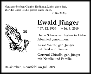 Traueranzeige von Ewald Jünger von Giessener Allgemeine, Alsfelder Allgemeine
