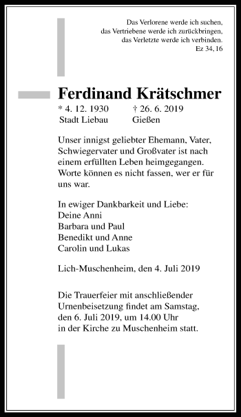 Traueranzeige von Ferdinand Krätschmer von Licher Wochenblatt
