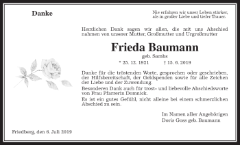 Traueranzeige von Frieda Baumann von Wetterauer Zeitung