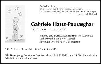 Traueranzeige von Gabriele Hartz-Pourasghar von Giessener Allgemeine, Alsfelder Allgemeine
