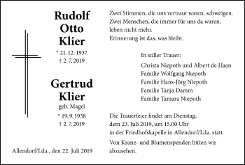 Traueranzeige von Gertrud Klier von Giessener Allgemeine, Alsfelder Allgemeine