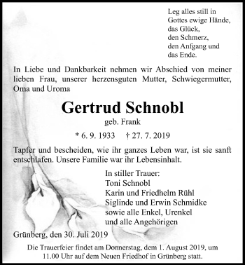 Traueranzeige von Gertrud Schnobl von Giessener Allgemeine, Alsfelder Allgemeine