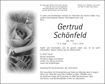 Traueranzeige von Gertrud Schönfeld von Alsfelder Allgemeine