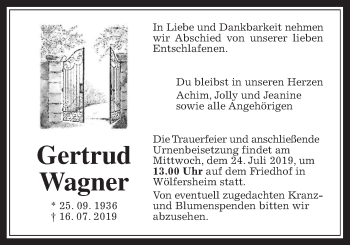 Traueranzeige von Gertrud Wagner von Wetterauer Zeitung