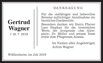 Traueranzeige von Gertrud Wagner von Wetterauer Zeitung