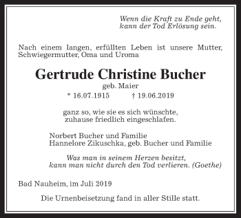 Traueranzeige von Gertrude Christine Bucher von Wetterauer Zeitung