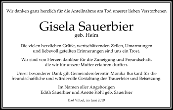 Traueranzeige von Gisela Sauerbier von Bad Vilbel/Karben