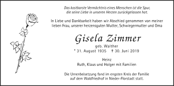 Traueranzeige von Gisela Zimmer von Wetterauer Zeitung