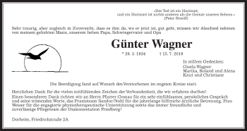 Traueranzeige von Günter Wagner von Wetterauer Zeitung