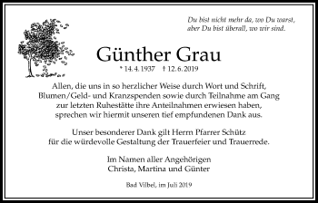 Traueranzeige von Günther Grau von Bad Vilbel/Karben