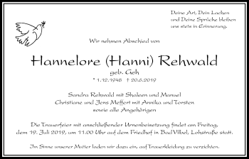 Traueranzeige von Hannelore Rehwald von Bad Vilbel/Karben