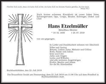 Traueranzeige von Hans Etzelmüller von Giessener Allgemeine, Alsfelder Allgemeine