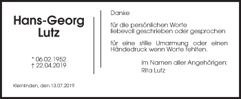 Traueranzeige von Hans-Georg Lutz von Wetterauer Zeitung, Giessener Allgemeine, Alsfelder Allgemeine