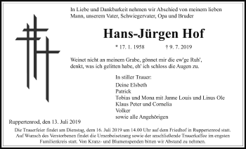 Traueranzeige von Hans-Jürgen Hof von Alsfelder Allgemeine