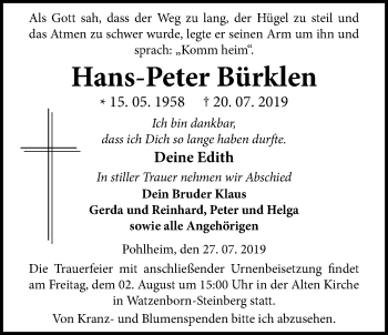 Traueranzeige von Hans-Peter Bürklen von Giessener Allgemeine, Alsfelder Allgemeine