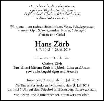 Traueranzeige von Hans Zörb von Giessener Allgemeine, Alsfelder Allgemeine