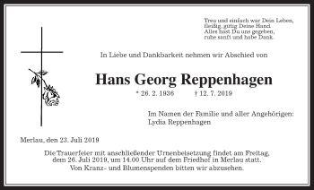 Traueranzeige von Hans Georg Reppenhagen von Alsfelder Allgemeine