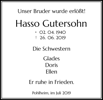 Traueranzeige von Hasso Gutersohn von Giessener Allgemeine, Alsfelder Allgemeine