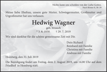 Traueranzeige von Hedwig Wagner von Alsfelder Allgemeine