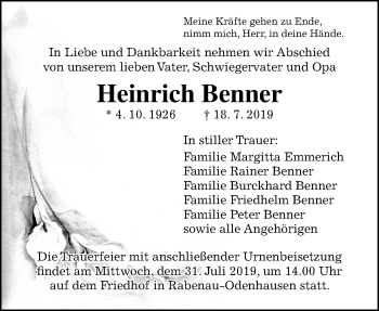 Traueranzeige von Heinrich Benner von Giessener Allgemeine, Alsfelder Allgemeine
