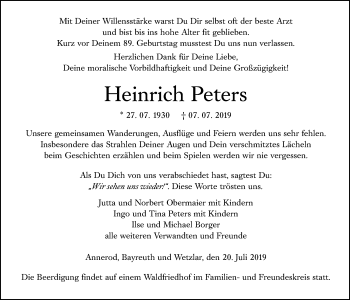 Traueranzeige von Heinrich Peters von Giessener Allgemeine, Alsfelder Allgemeine