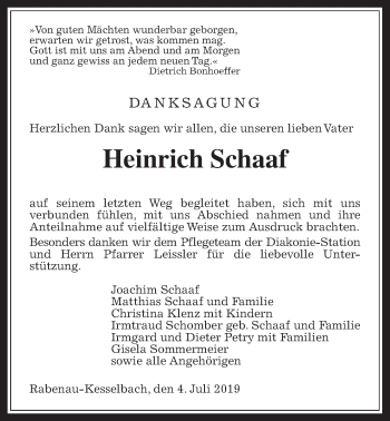 Traueranzeige von Heinrich Schaaf von Rabenauer Zeitung