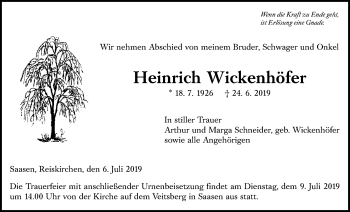 Traueranzeige von Heinrich Wickenhöfer von Giessener Allgemeine, Alsfelder Allgemeine