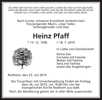 Traueranzeige von Heinz Pfaff von Giessener Allgemeine, Alsfelder Allgemeine