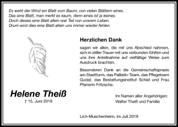 Traueranzeige von Helene Theiß von Licher Wochenblatt