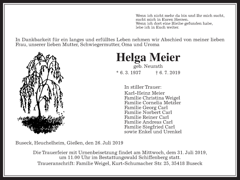  Traueranzeige für Helga Meier vom 26.07.2019 aus Giessener Allgemeine, Alsfelder Allgemeine