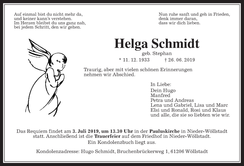  Traueranzeige für Helga Schmidt vom 01.07.2019 aus Wetterauer Zeitung