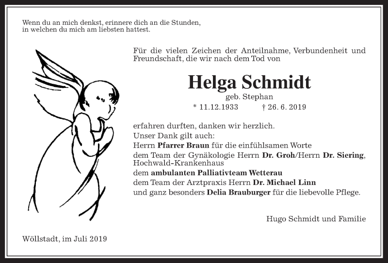 Traueranzeige für Helga Schmidt vom 17.07.2019 aus Wetterauer Zeitung
