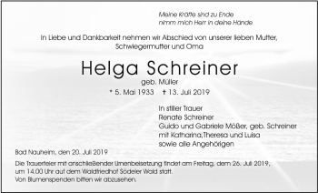 Traueranzeige von Helga Schreiner von Wetterauer Zeitung
