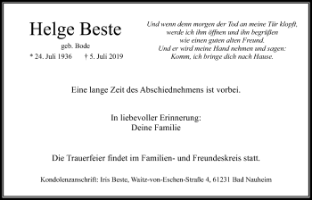 Traueranzeige von Helge Beste von Wetterauer Zeitung