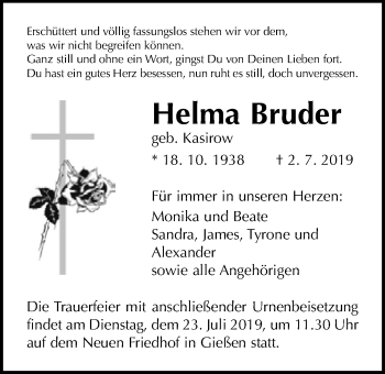 Traueranzeige von Helma Bruder von Giessener Allgemeine, Alsfelder Allgemeine