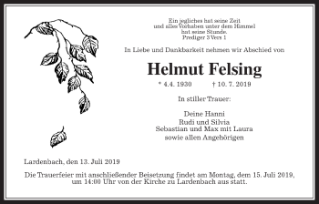 Traueranzeige von Helmut Felsing von Giessener Allgemeine, Alsfelder Allgemeine