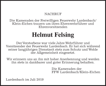 Traueranzeige von Helmut Felsing von Giessener Allgemeine, Alsfelder Allgemeine