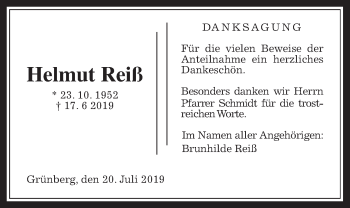 Traueranzeige von Helmut Reiß von Giessener Allgemeine, Alsfelder Allgemeine