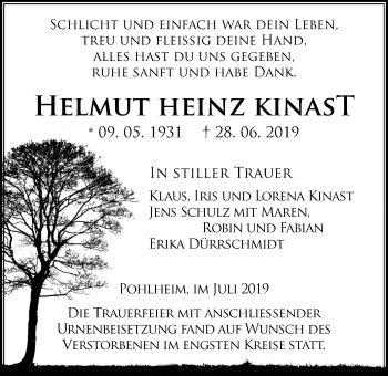 Traueranzeige von Helmut Heinz Kinast von Giessener Allgemeine, Alsfelder Allgemeine, Pohlheimer Nachrichten
