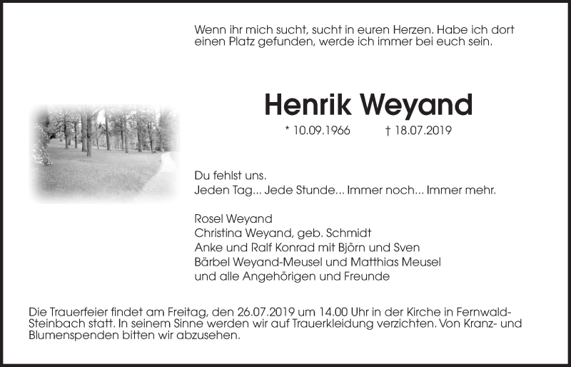  Traueranzeige für Henrik Weyand vom 24.07.2019 aus Giessener Allgemeine, Alsfelder Allgemeine
