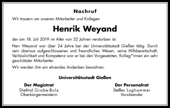 Traueranzeige von Henrik Weyand von Giessener Allgemeine, Alsfelder Allgemeine