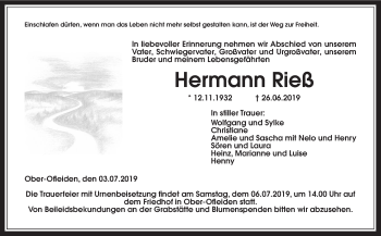 Traueranzeige von Hermann Rieß von Alsfelder Allgemeine