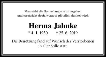 Traueranzeige von Hermine Jahnke von Giessener Allgemeine, Alsfelder Allgemeine